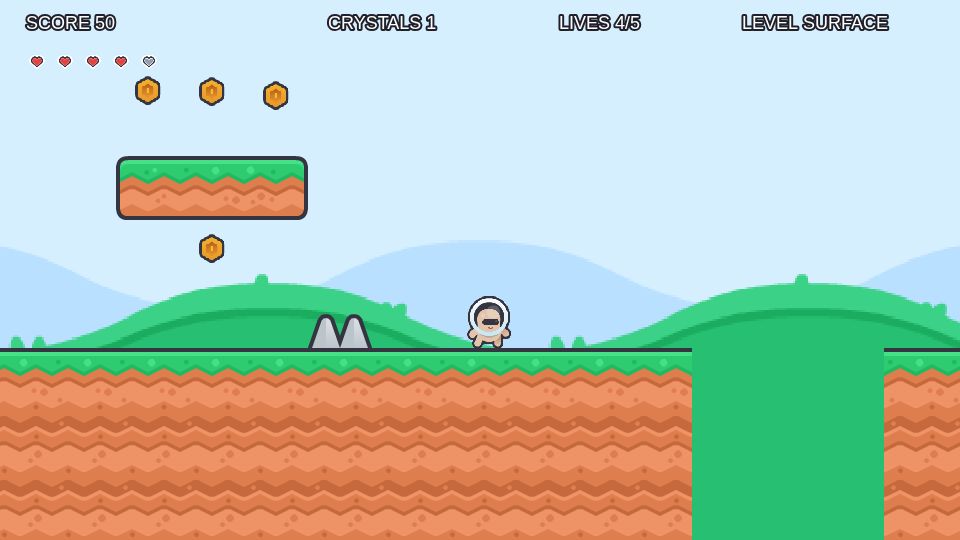 Crystal Caverns: a platformer with crystals, lives and floating platforms.