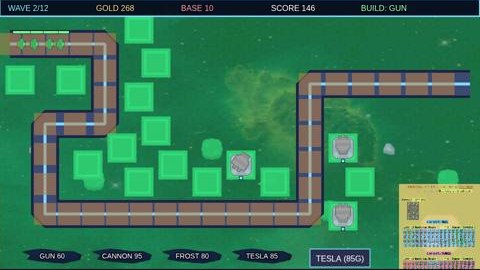 A tower defense game with a winding path, towers and waves.