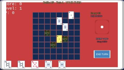 A turn-based tactics grid with a hand of cards.